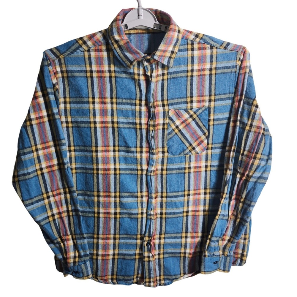MNML Plaid Long Sleeve Button‎ Up Flannel Shirt Blue Yellow Red Men's Size L